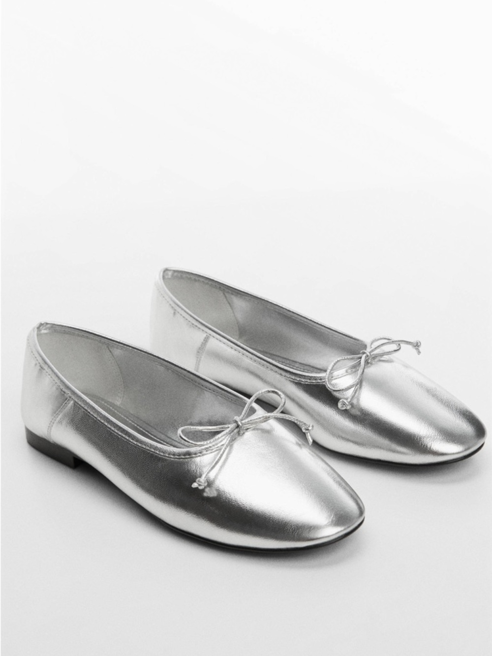 Mango MNG Metallic Silver Ballet Flats Bow Detail Round Toe US 6 Euro 36 New